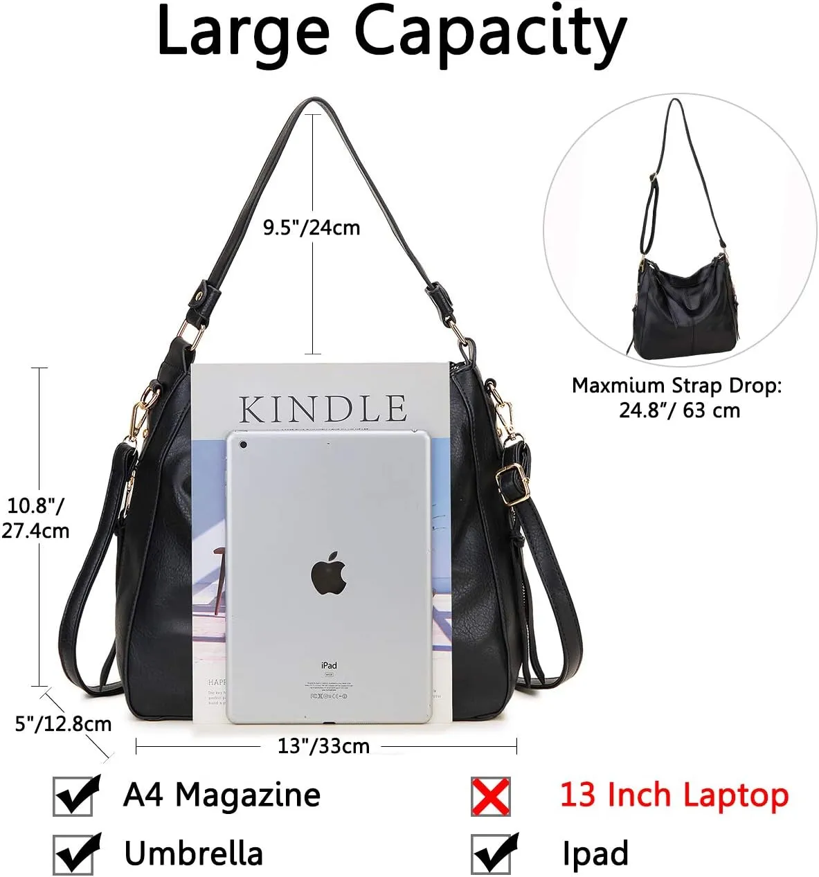 VX VONXURY Hobo Bags for Women, Faux Leather Tote Purse Ladies Handbag Medium Shoulder Bags with Side Pockets for Work Travel