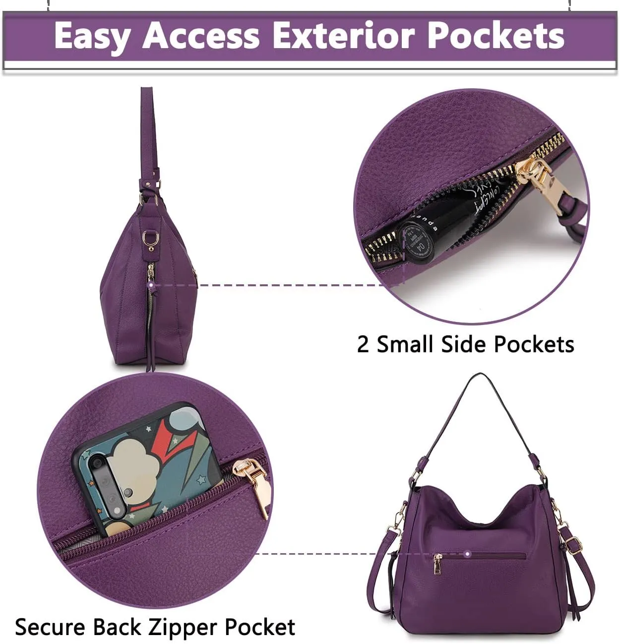 VX VONXURY Hobo Bags for Women, Faux Leather Tote Purse Ladies Handbag Medium Shoulder Bags with Side Pockets for Work Travel
