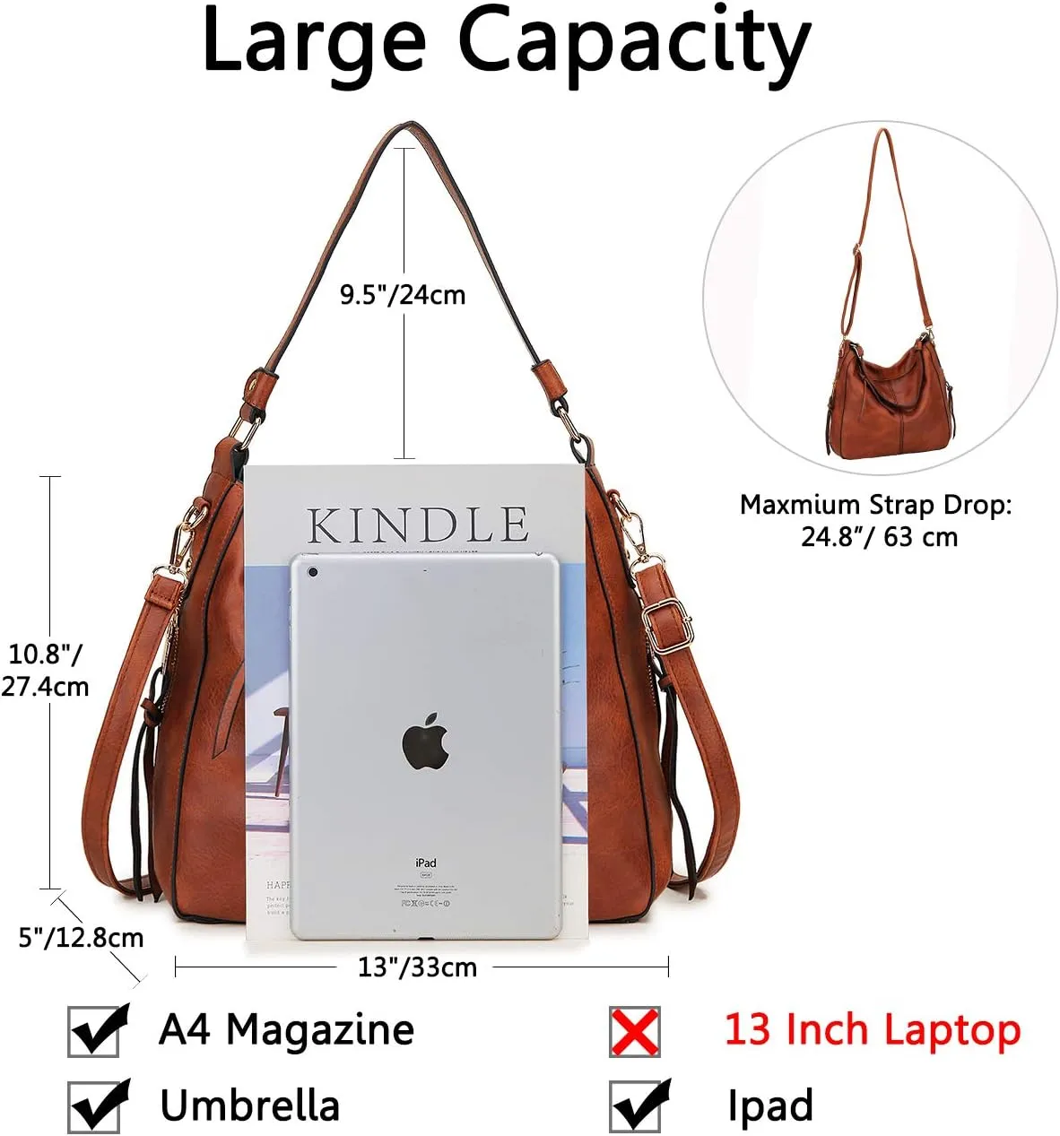VX VONXURY Hobo Bags for Women, Faux Leather Tote Purse Ladies Handbag Medium Shoulder Bags with Side Pockets for Work Travel