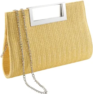 WALLYN'S Clutch Purse for Women PU Leather/Straw Evening Party Metal Grip Cut it out Handbag with Shoulder Chain Strap