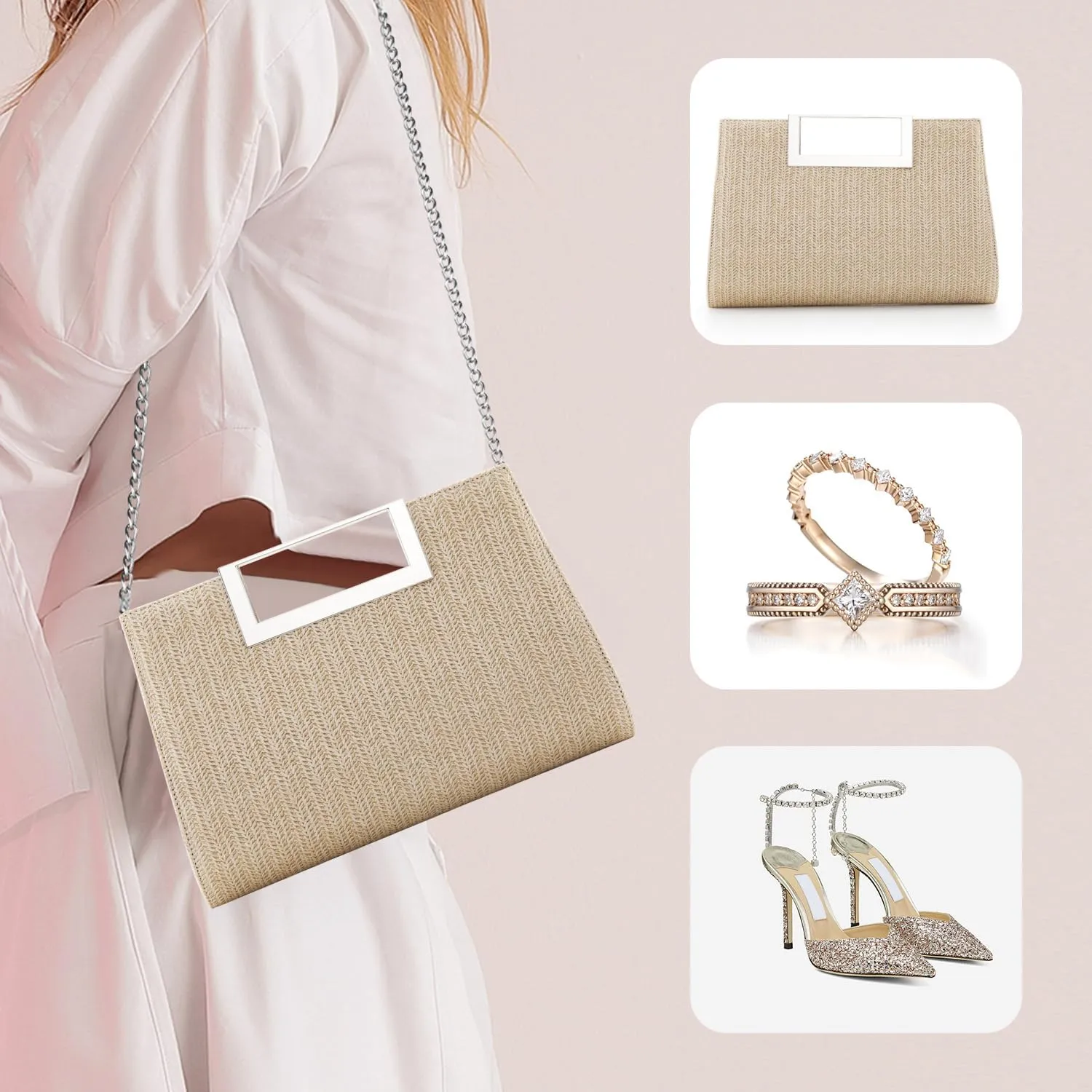 WALLYN'S Clutch Purse for Women PU Leather/Straw Evening Party Metal Grip Cut it out Handbag with Shoulder Chain Strap