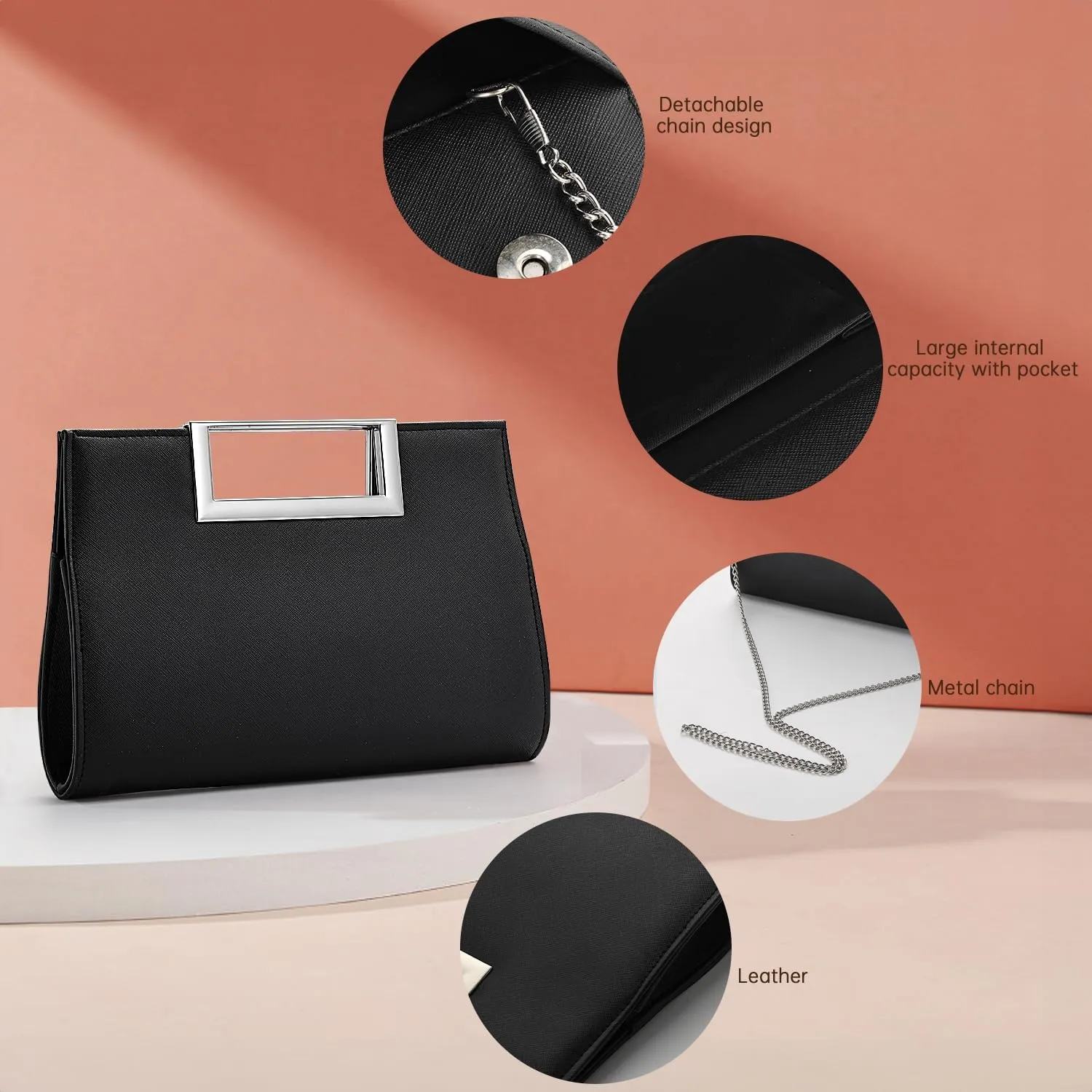 WALLYN'S Clutch Purse for Women PU Leather/Straw Evening Party Metal Grip Cut it out Handbag with Shoulder Chain Strap
