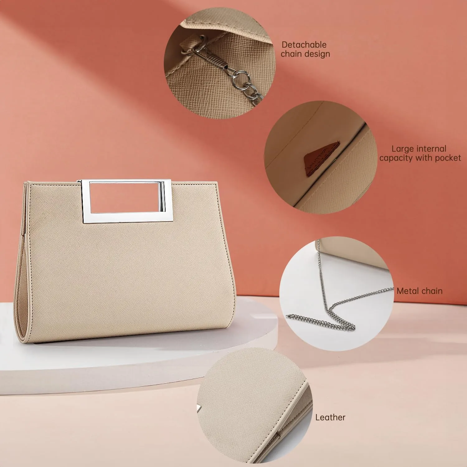 WALLYN'S Clutch Purse for Women PU Leather/Straw Evening Party Metal Grip Cut it out Handbag with Shoulder Chain Strap