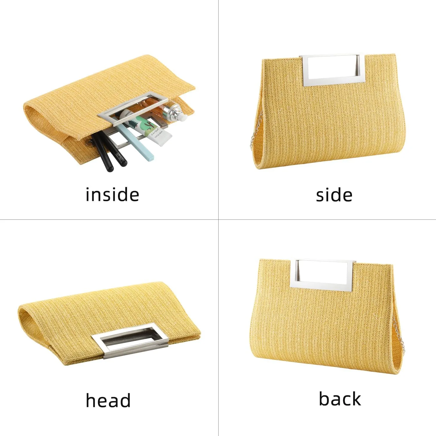 WALLYN'S Clutch Purse for Women PU Leather/Straw Evening Party Metal Grip Cut it out Handbag with Shoulder Chain Strap