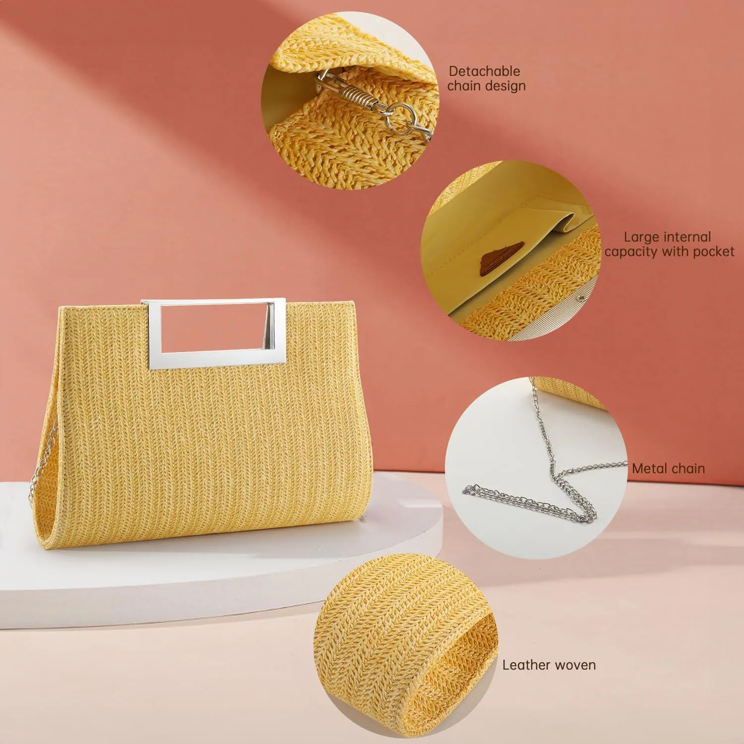 WALLYN'S Clutch Purse for Women PU Leather/Straw Evening Party Metal Grip Cut it out Handbag with Shoulder Chain Strap