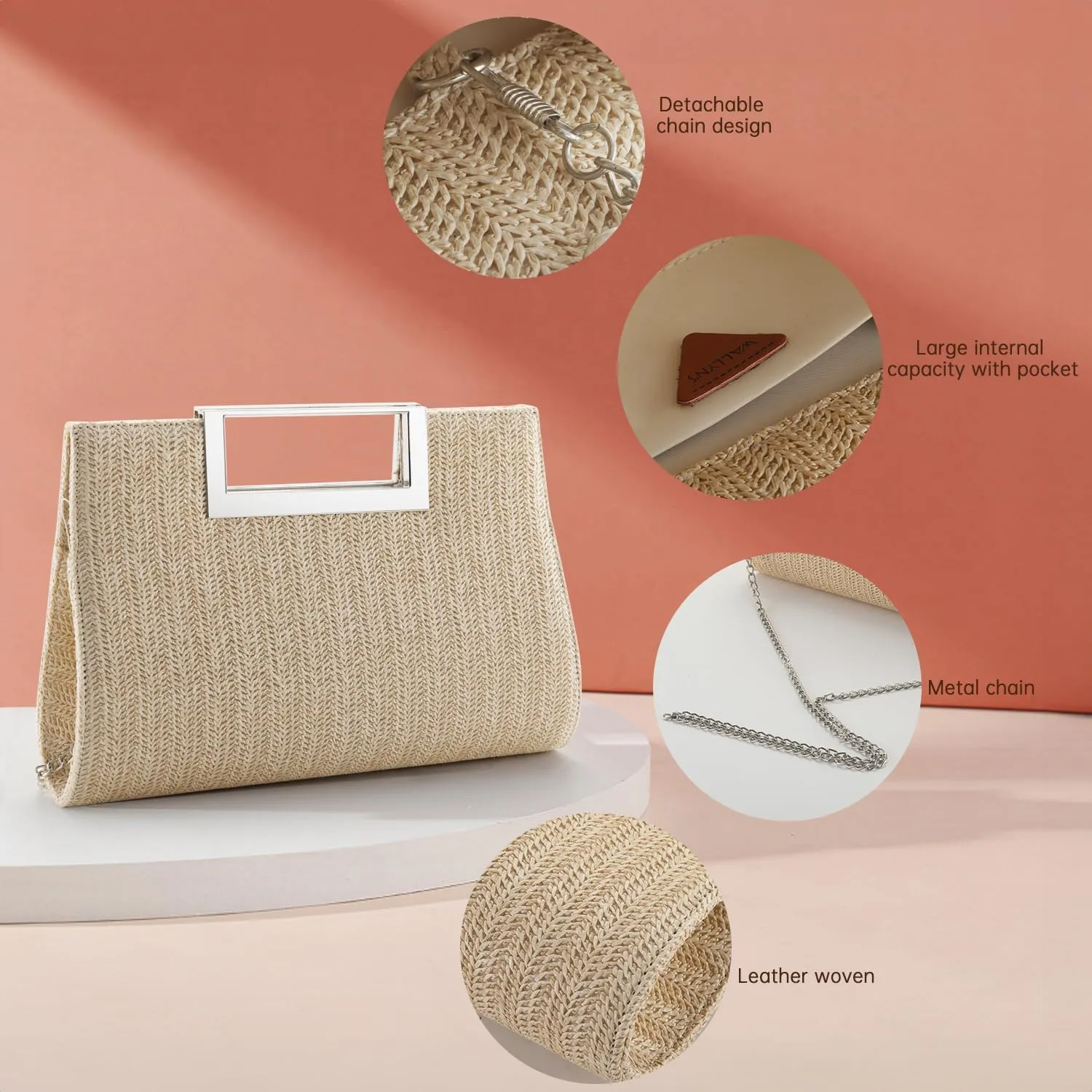WALLYN'S Clutch Purse for Women PU Leather/Straw Evening Party Metal Grip Cut it out Handbag with Shoulder Chain Strap