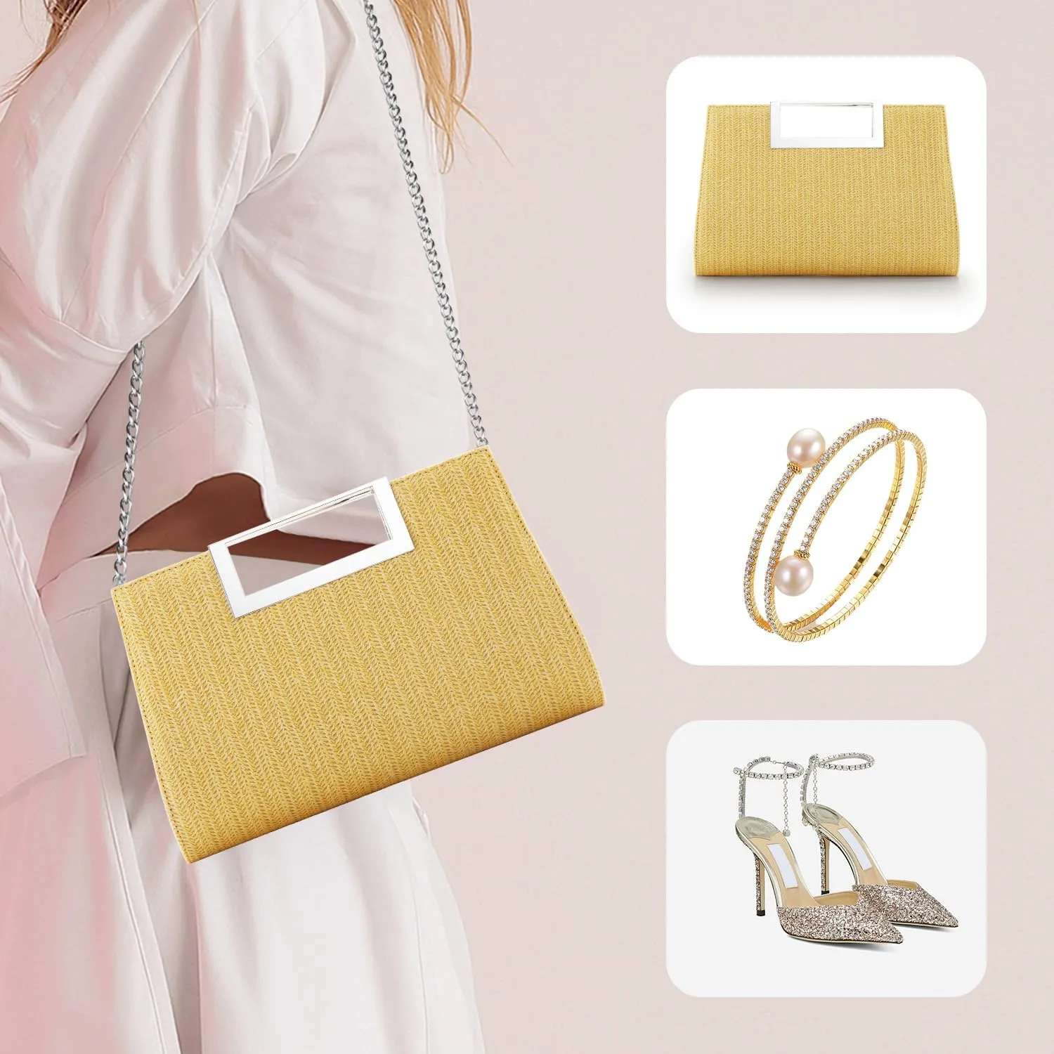 WALLYN'S Clutch Purse for Women PU Leather/Straw Evening Party Metal Grip Cut it out Handbag with Shoulder Chain Strap