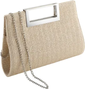 WALLYN'S Clutch Purse for Women PU Leather/Straw Evening Party Metal Grip Cut it out Handbag with Shoulder Chain Strap
