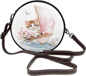 Watercolor Kitten In Sailboat Flowers Women Round Crossbody Bags Leather Sling Bag Purse