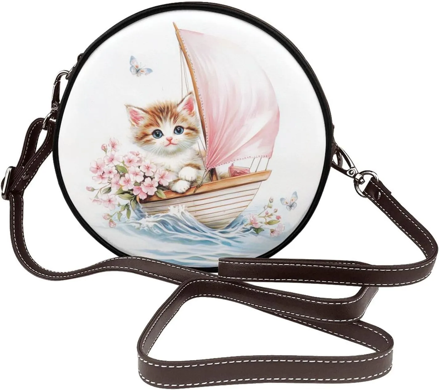 Watercolor Kitten In Sailboat Flowers Women Round Crossbody Bags Leather Sling Bag Purse