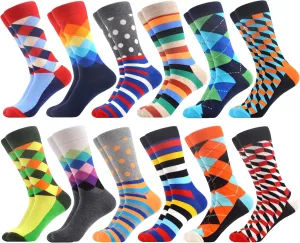 WeciBor Men's Dress Funny Crazy Colorful Novelty Combed Cotton Crew Socks 12 Pack - Size 7-10/10-13/13-15