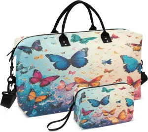Weekender Bags Travel Duffel Gym Bag Beautiful Butterflies Carry on Overnight Tote Bag with Toiletry Bag for Airplane Travel Trip Gym Yoga