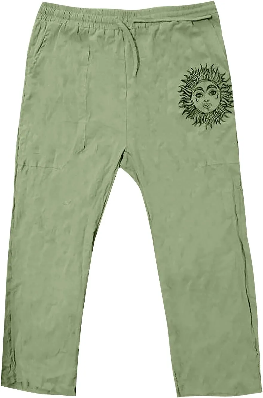 WENKOMG1 Mens Cotton Linen Pants,Drawstring Pull On Wide Leg Bottoms Loose Fit Comfy Baggy Lounge Wide Leg Trousers