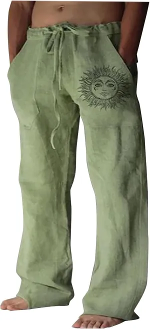 WENKOMG1 Mens Cotton Linen Pants,Drawstring Pull On Wide Leg Bottoms Loose Fit Comfy Baggy Lounge Wide Leg Trousers