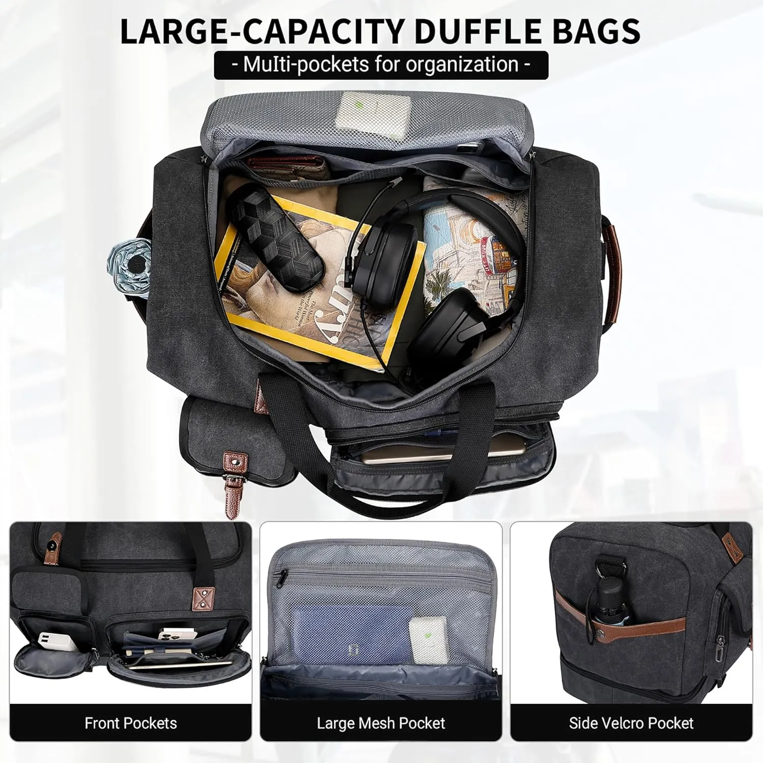 WITZMAN Canvas Weekender Bag Mens Overnight Bag for Traveling Carry on Duffle Bags with Shoes Compartment（A8010 Classic Black）