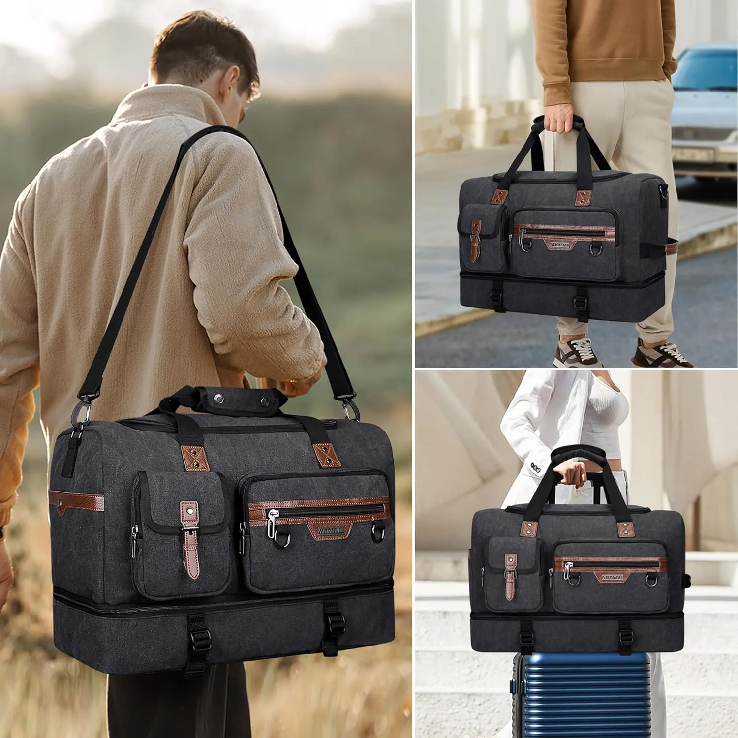 WITZMAN Canvas Weekender Bag Mens Overnight Bag for Traveling Carry on Duffle Bags with Shoes Compartment（A8010 Classic Black）