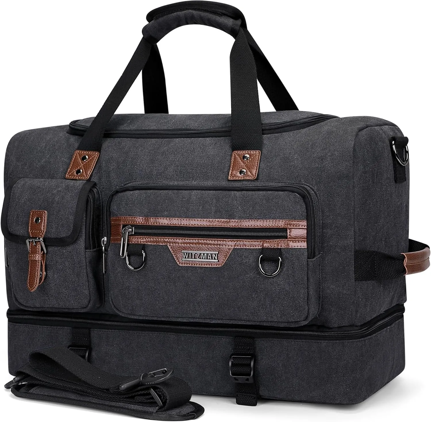 WITZMAN Canvas Weekender Bag Mens Overnight Bag for Traveling Carry on Duffle Bags with Shoes Compartment（A8010 Classic Black）