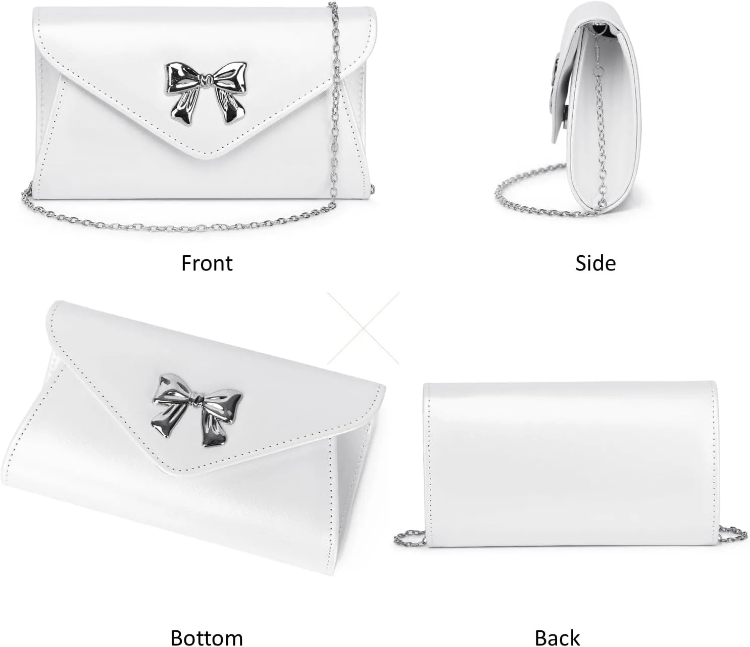 Women Bow Evening Clutch Purse Elegant PU Leather Shiny Party Bag with Detachable Chain Wedding Prom Handbag