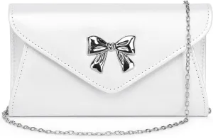 Women Bow Evening Clutch Purse Elegant PU Leather Shiny Party Bag with Detachable Chain Wedding Prom Handbag