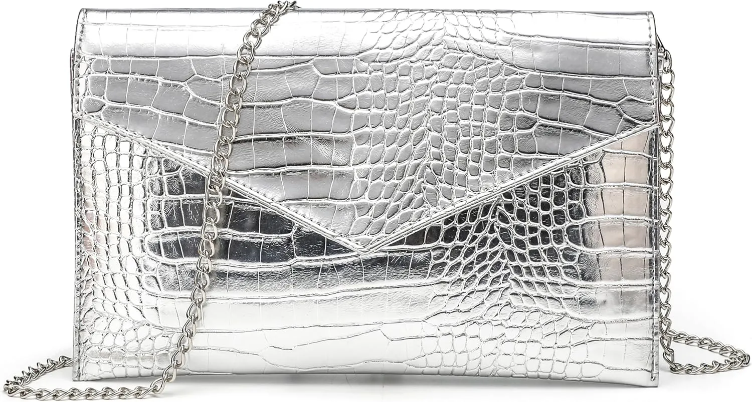 Women Envelope Clutch Purse Handbag, Metallic Leather Crossbody Shoulder Foldover Evening Bag Formal Wedding Party
