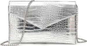Women Envelope Clutch Purse Handbag, Metallic Leather Crossbody Shoulder Foldover Evening Bag Formal Wedding Party
