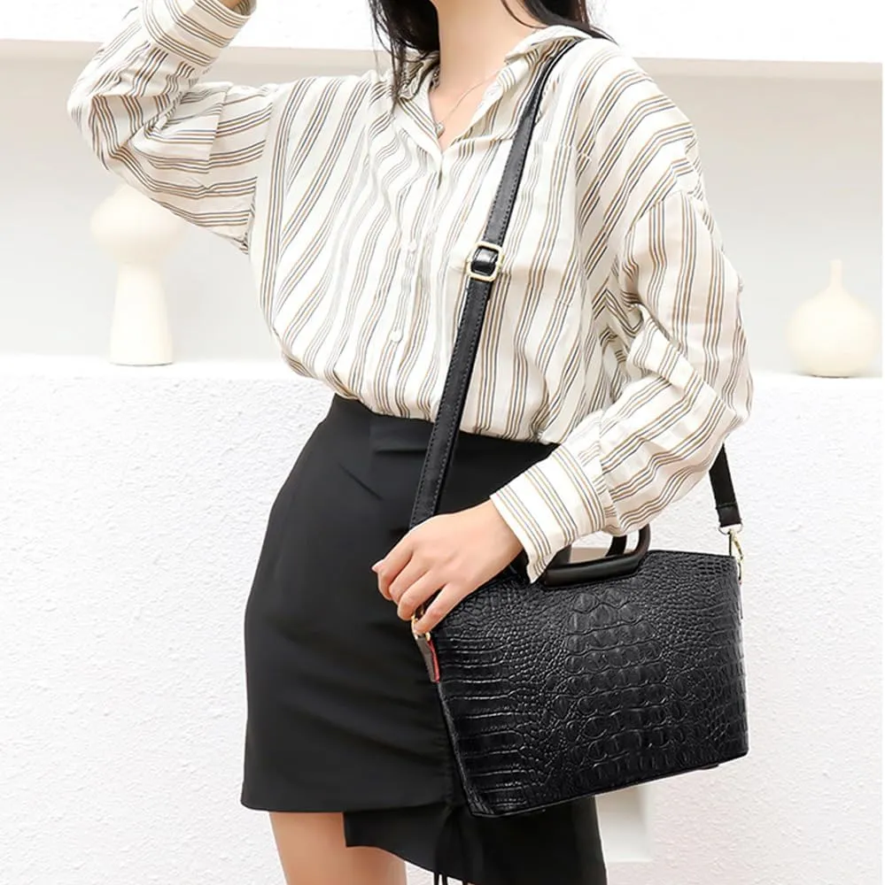 Women Handbags Purse PU Leather Crocodile Pattern Satchel Bags Top Circular Handle Handbag Ladies Shoulder Bag