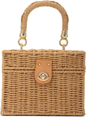 Women Handwoven Straw Bag Rattan Handbag Beach Straw Tote Bag Square Boho Crossbody Bag