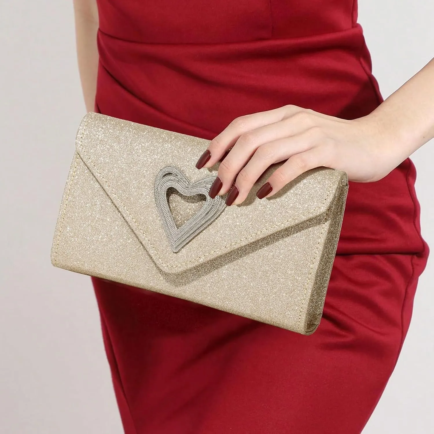 Women Heart Evening Bag Shiny Evening Clutch Purse for Women Sparkly Wedding Shiny Party Prom Purse Dressy Clutch Bags