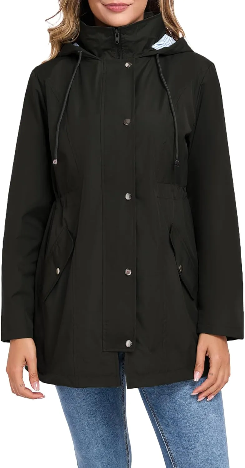 Women Rain Jacket Waterproof Long Hooded Windbreaker Lined Lightweight Outdoor Hiking Raincoat Trench Coats S-XXL