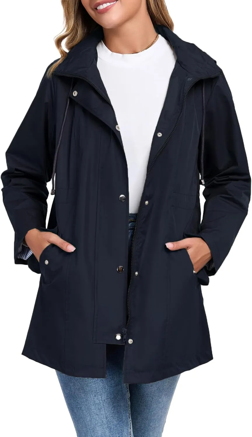 Women Rain Jacket Waterproof Long Hooded Windbreaker Lined Lightweight Outdoor Hiking Raincoat Trench Coats S-XXL