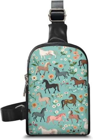 Women Sling Bag Horse Floral Crossbody Bag for Lady Travel Cross Body Bag for Women Aesthetic Crossbody Purse for Woman Lightweight Small Backpack for Walking