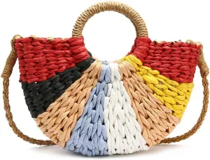 Women Summer Retro Straw Tote Bag Hand-woven Colorful Boho Shoulder Bag Crossbody Bag Round Handle Beach Handbags