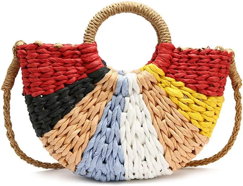 Women Summer Retro Straw Tote Bag Hand-woven Colorful Boho Shoulder Bag Crossbody Bag Round Handle Beach Handbags