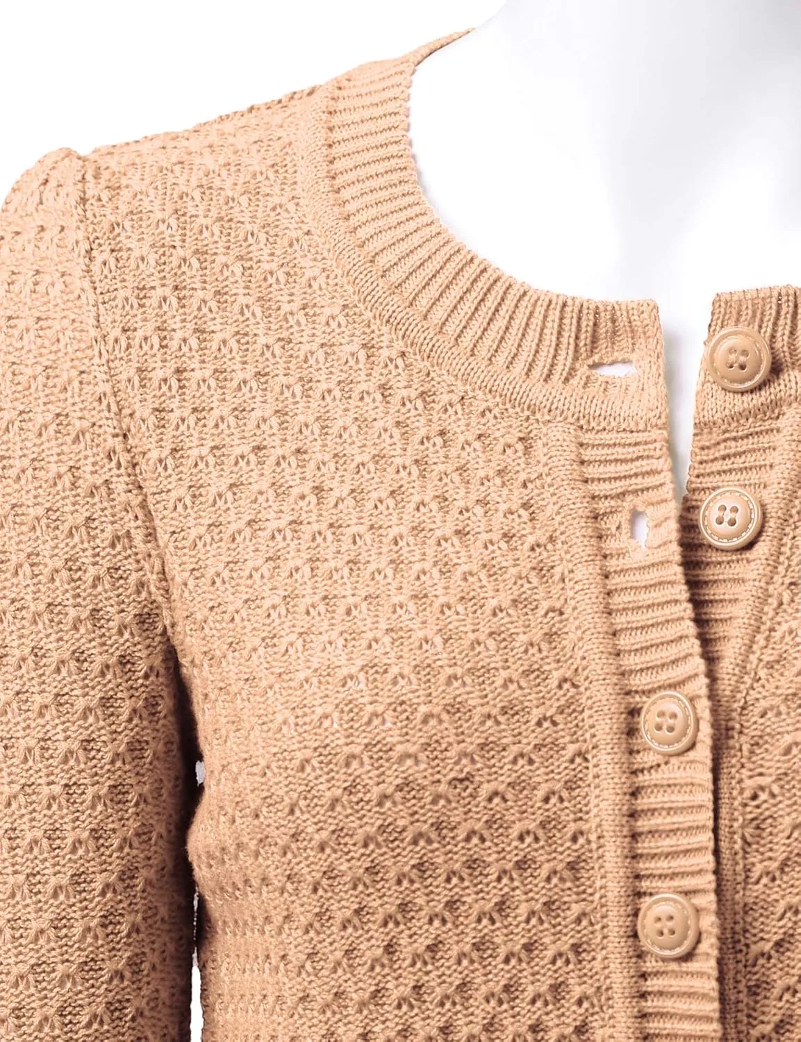 Women's 3/4 Sleeve Crew Neck Button Down Cotton Knit Cropped Cardigan Sweater (S-3XL)