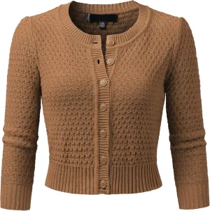 Women's 3/4 Sleeve Crew Neck Button Down Cotton Knit Cropped Cardigan Sweater (S-3XL)