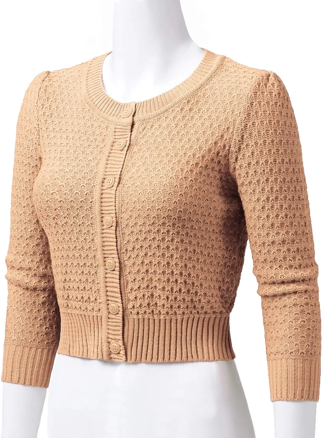 Women's 3/4 Sleeve Crew Neck Button Down Cotton Knit Cropped Cardigan Sweater (S-3XL)