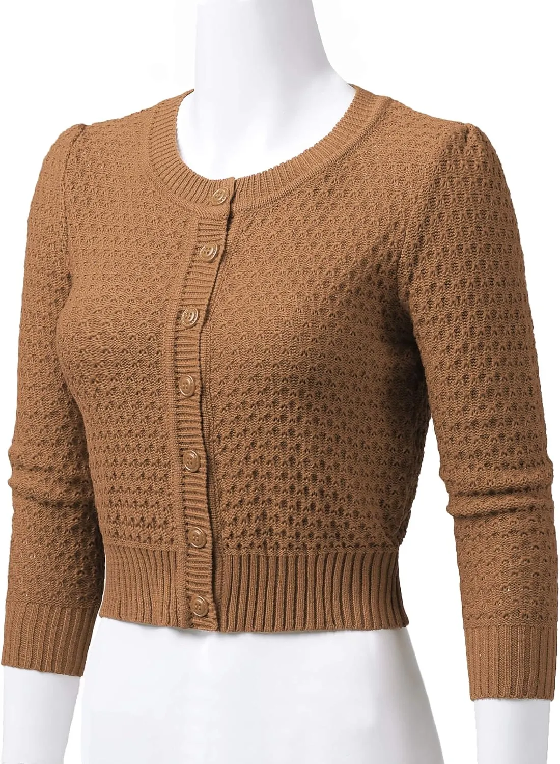 Women's 3/4 Sleeve Crew Neck Button Down Cotton Knit Cropped Cardigan Sweater (S-3XL)