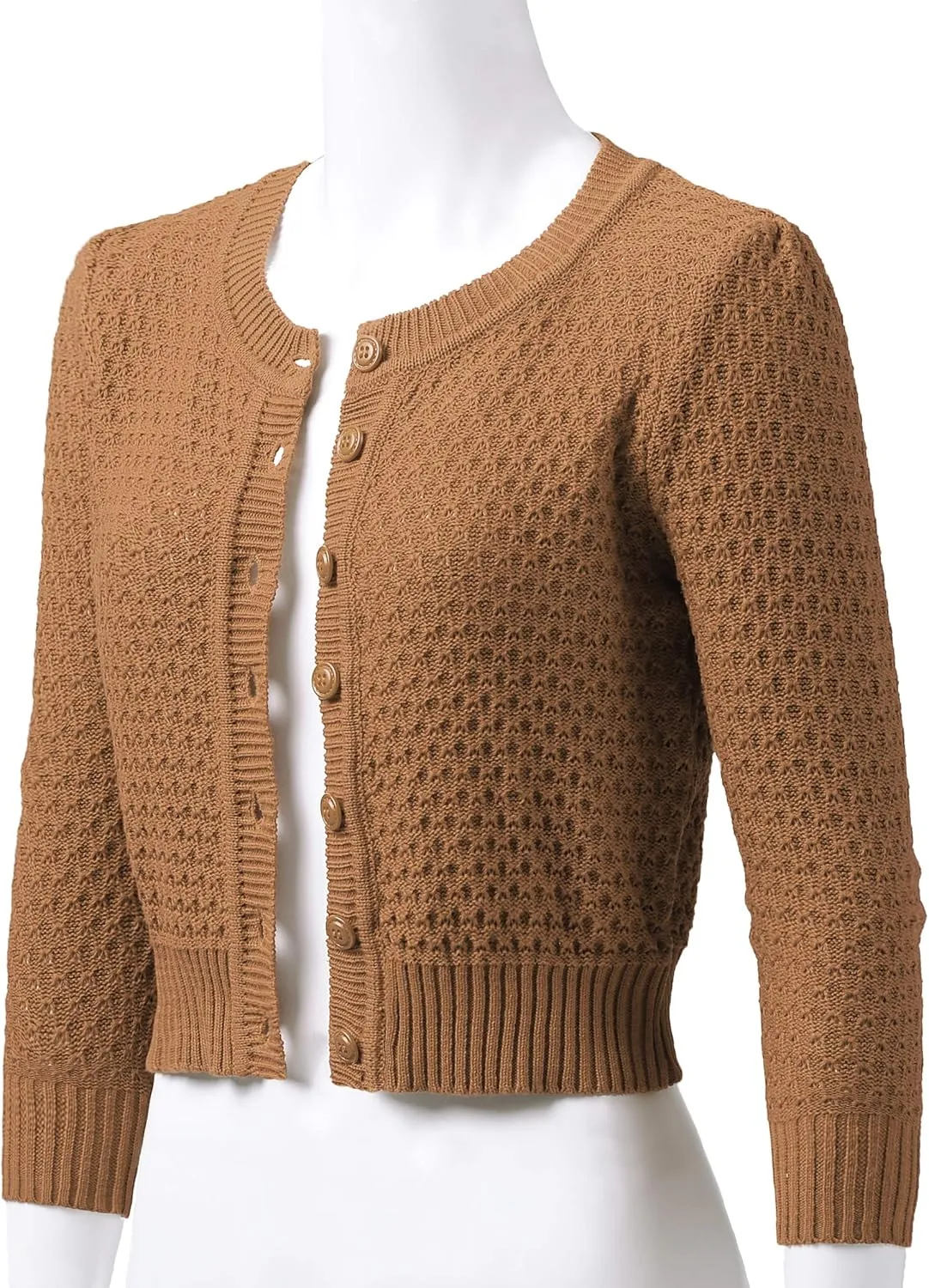 Women's 3/4 Sleeve Crew Neck Button Down Cotton Knit Cropped Cardigan Sweater (S-3XL)