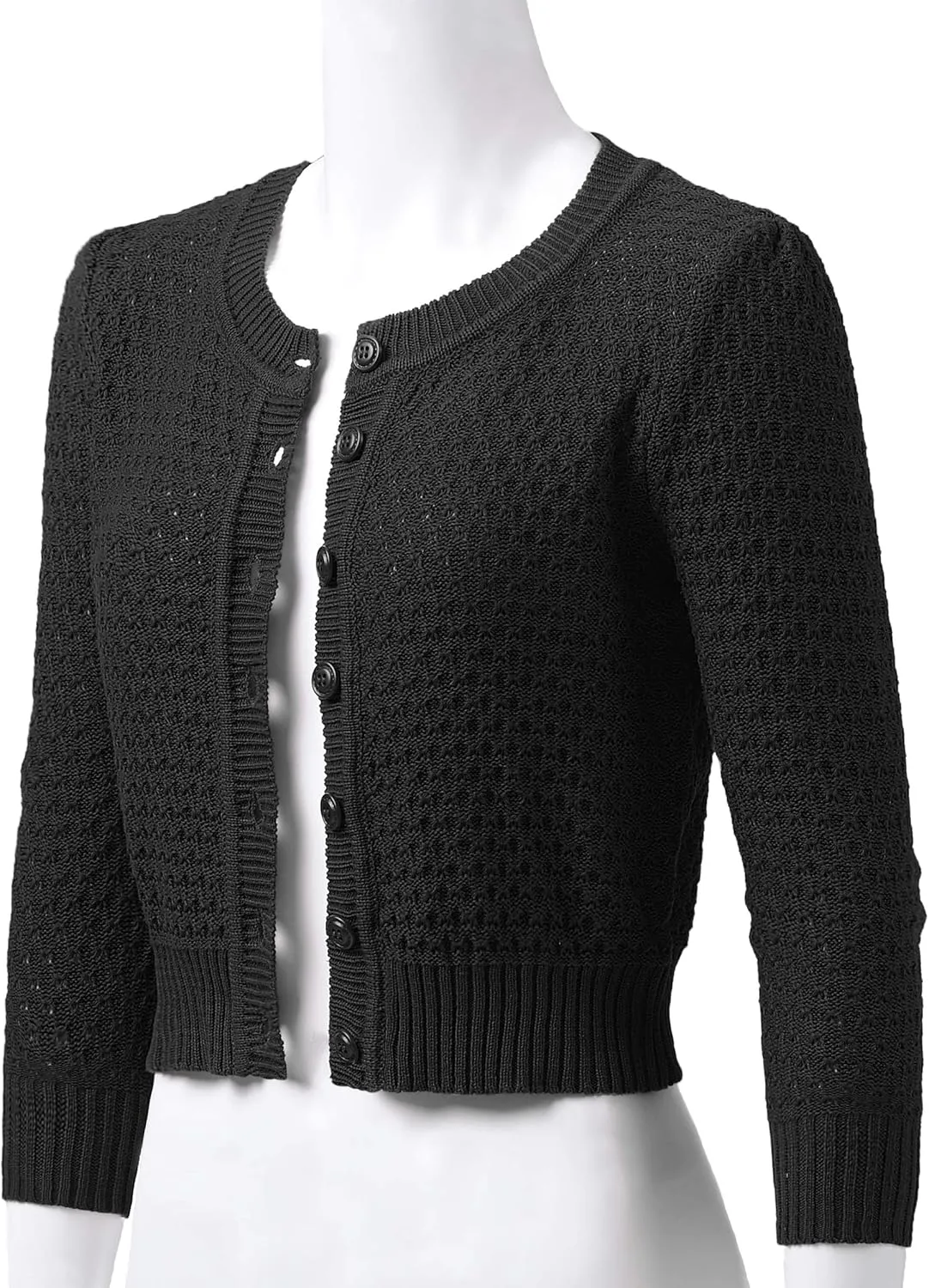 Women's 3/4 Sleeve Crew Neck Button Down Cotton Knit Cropped Cardigan Sweater (S-3XL)