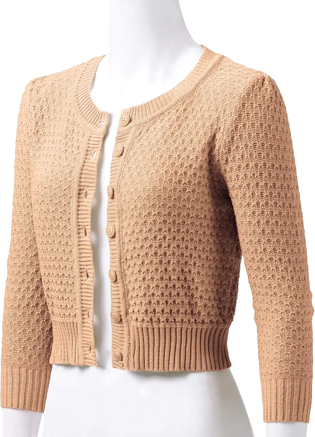 Women's 3/4 Sleeve Crew Neck Button Down Cotton Knit Cropped Cardigan Sweater (S-3XL)