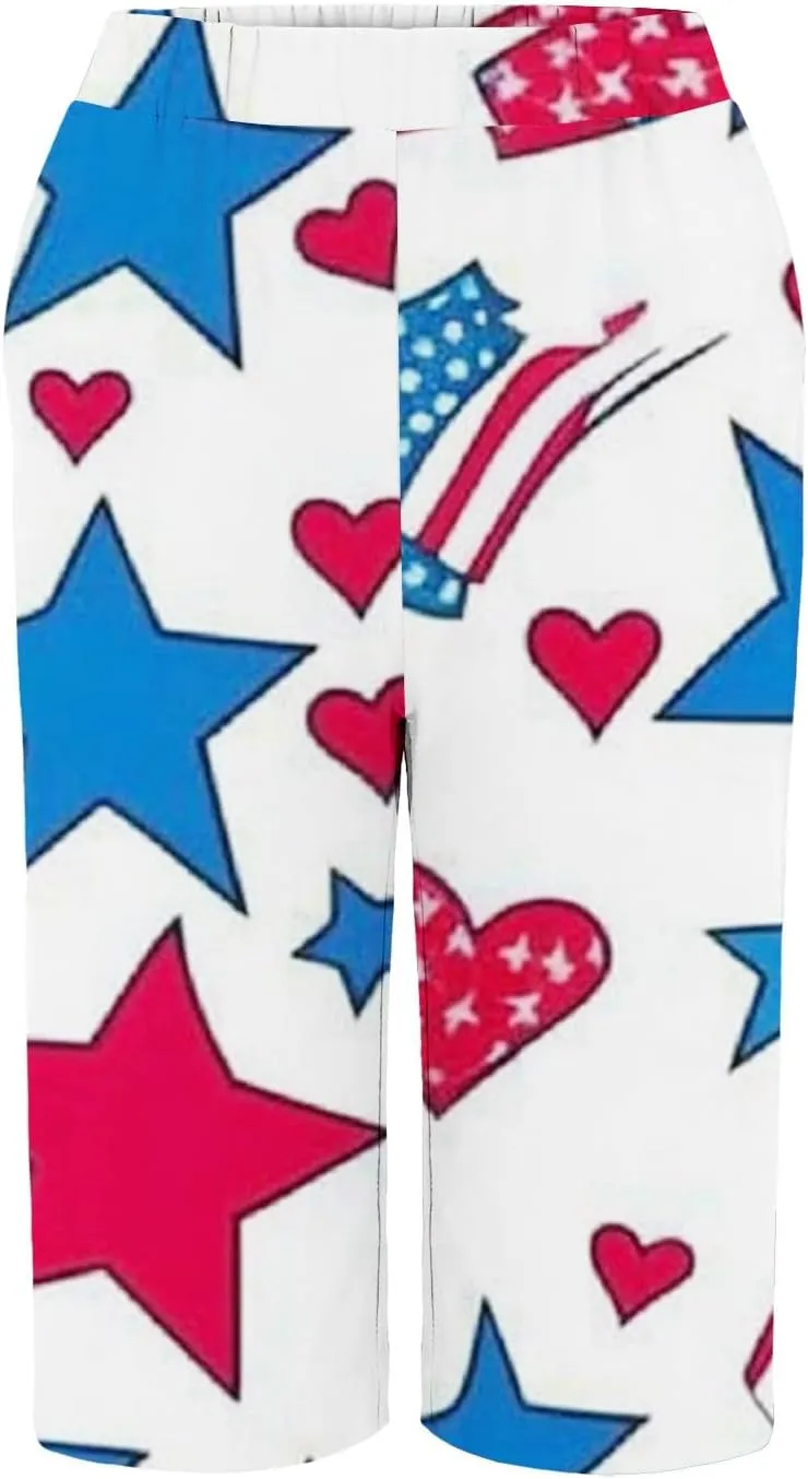 Womens 4th of July Wide Leg Capri Pants Summer High Waisted Pants Casual Loose Patriotic American Flag Printed Trousers