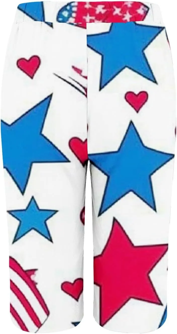 Womens 4th of July Wide Leg Capri Pants Summer High Waisted Pants Casual Loose Patriotic American Flag Printed Trousers