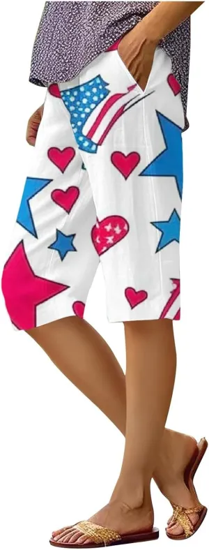 Womens 4th of July Wide Leg Capri Pants Summer High Waisted Pants Casual Loose Patriotic American Flag Printed Trousers