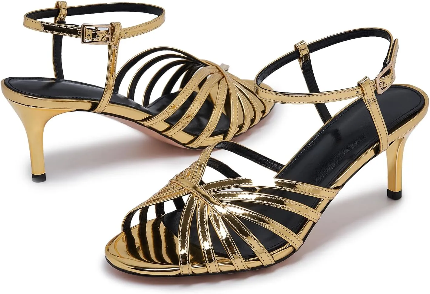 Women's Black and Gold Heels – Strappy Patent Leather Open Toe Sandals with Ankle Strap – Elegant High Heels for Party, Wedding, or Evening