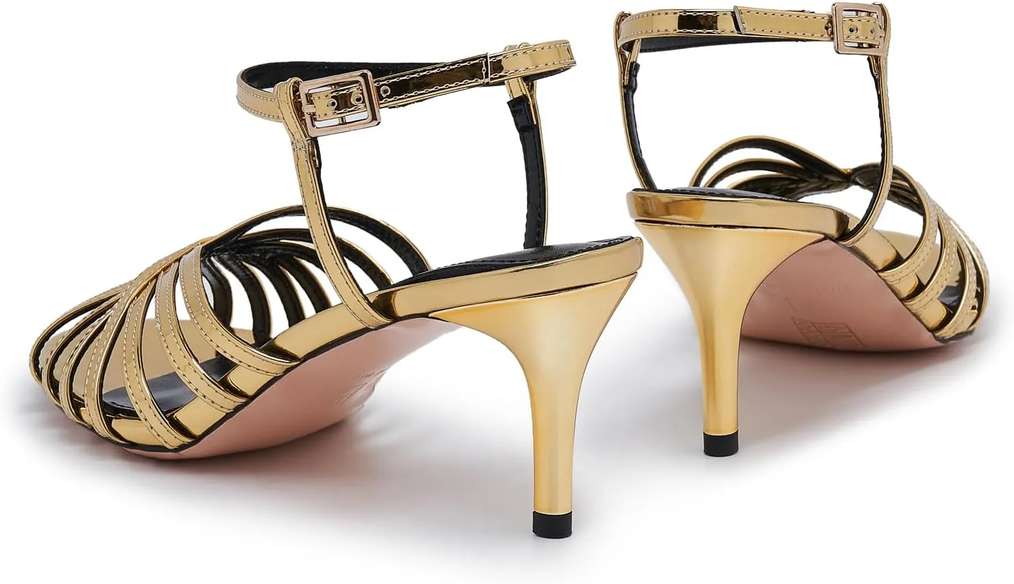 Women's Black and Gold Heels – Strappy Patent Leather Open Toe Sandals with Ankle Strap – Elegant High Heels for Party, Wedding, or Evening