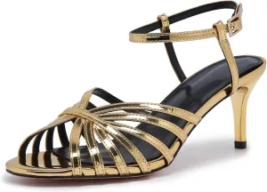 Women's Black and Gold Heels – Strappy Patent Leather Open Toe Sandals with Ankle Strap – Elegant High Heels for Party, Wedding, or Evening