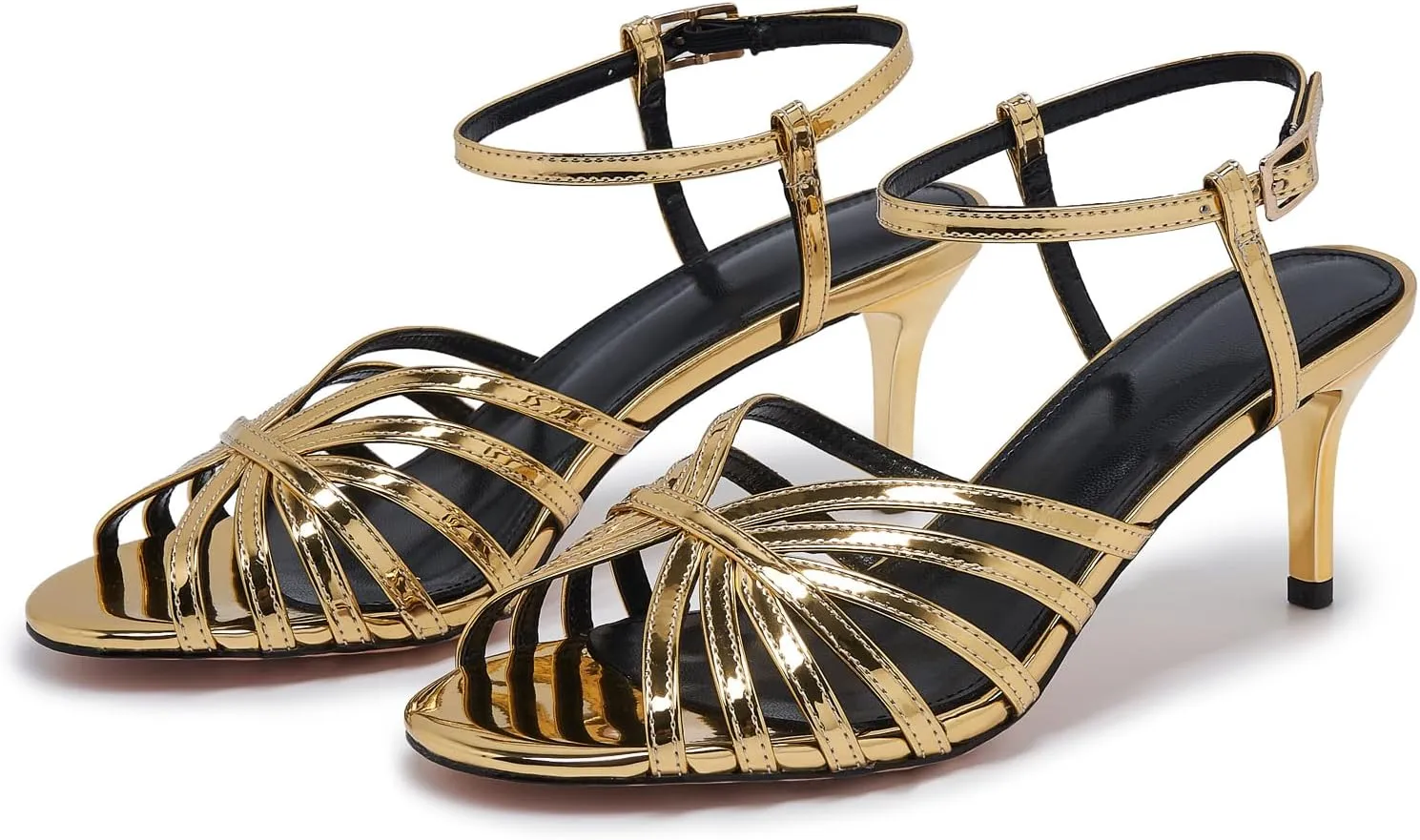Women's Black and Gold Heels – Strappy Patent Leather Open Toe Sandals with Ankle Strap – Elegant High Heels for Party, Wedding, or Evening