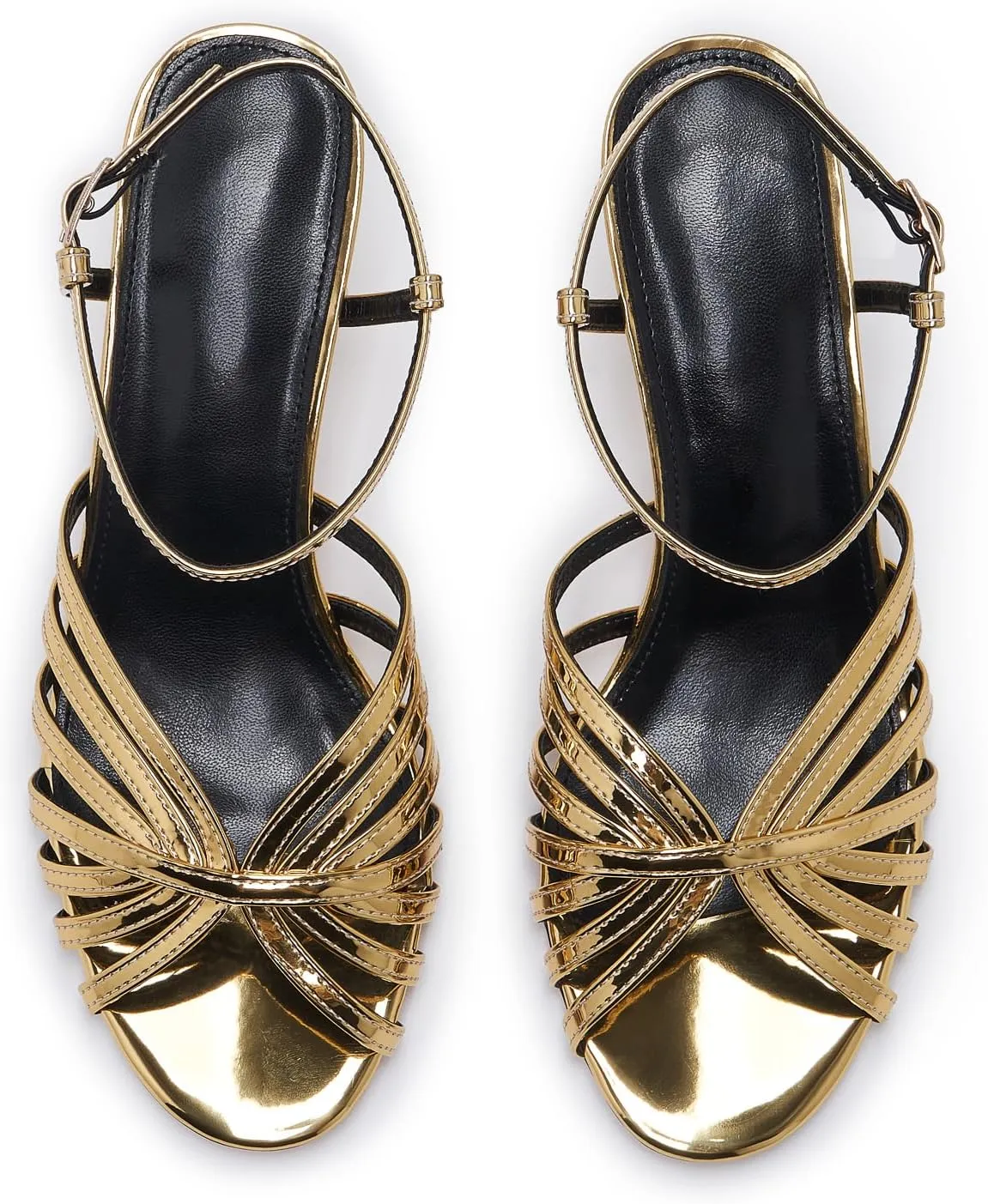 Women's Black and Gold Heels – Strappy Patent Leather Open Toe Sandals with Ankle Strap – Elegant High Heels for Party, Wedding, or Evening