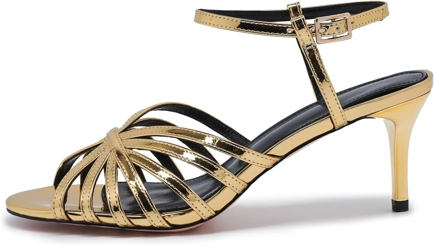 Women's Black and Gold Heels – Strappy Patent Leather Open Toe Sandals with Ankle Strap – Elegant High Heels for Party, Wedding, or Evening