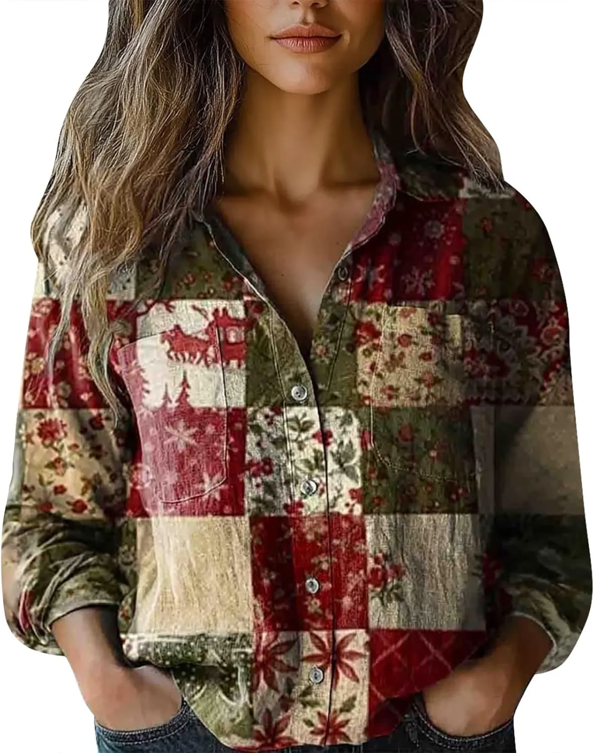 Womens Button V Neck Long Sleeve Shirts Oversized Blouses Tops Cotton Classic Collared Casual Lightweight Blouses
